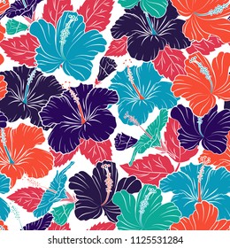 Bright beautiful hibiscus flowers seamless background. Abstract cute floral print in blue, white and red colors. Vector illustration.
