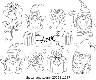 Brilhante vetor vívido bonito no estilo doodle com gnomes festivos e roses.Illustrations são adequados para os gnomos coloring.Romantic para o Dia dos Namorados, presentes e desenhos de roses.sketch rosa.