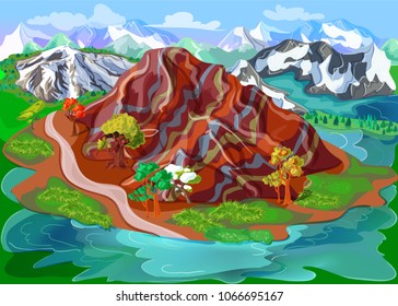 Bright beautiful nature scenery template with picturesque mountains rocks forest colorful trees and hills vector illustration
