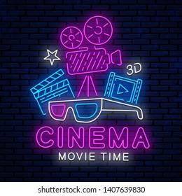 Bright, beautiful neon sign for the cinema. Glowing cinema banner. Bright design template, logo, emblem, label and icon. Ready design for decoration of banners, posters, signboard, billboard. Movie lo
