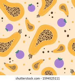 
Bright and beautiful pattern with fruits. Vector illustration of papaya and blueberries.