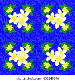 Bright beautiful plumeria flowers seamless background. Abstract cute floral print on a blue background. Vector illustration.