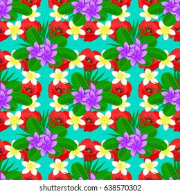 Bright beautiful plumeria flowers seamless background. Abstract cute floral print on a blue background. Vector illustration.