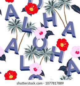 A bright  Beautiful seamless 3D typo ALOHA mix with summer motive pattern on white background with palm trees,beach and ocean vibes vector hand drawn style for fashion fabric and all prints.