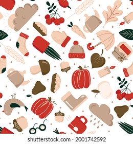 Bright, beautiful seamless pattern of autumn items. Autumn clothes, leaves, bird, clouds, pie, pumpkin, umbrella, cup, teapot, rowan, apple, pear. Hand drawn. Vector illustration