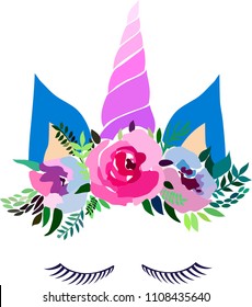 Bright beautiful spring lovely cute fairy magical colorful unicorn with eyelashes in the floral tender crown vector illustration Perfect for greeting cards, textile, backgrounds
