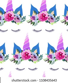 Bright beautiful spring lovely cute fairy magical colorful pattern of unicorns with eyelashes in the floral tender crown vector illustration. Perfect for greeting cards, textile, backgrounds