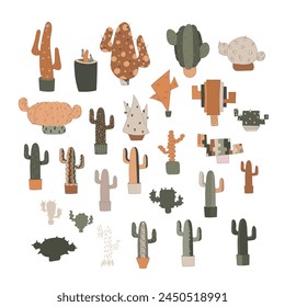 bright beautiful unusual cacti set of various shapes isolated on a white background. Different shapes of cacti and succulents for your design. All objects are separated. Vector illustration.