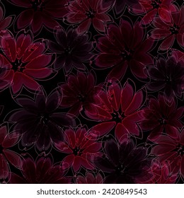 Bright beautiful vector pattern in the form of multi-colored flowers on a black background Wide vintage seamless background pattern.