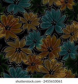 Bright beautiful vector pattern in the form of multi-colored flowers on a black background women cloth fabric.