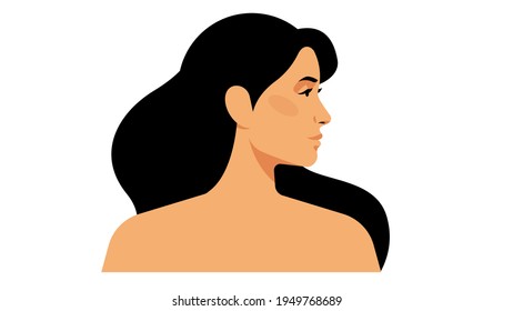 Mujer hermosa y brillante con el pelo largo, piel perfecta. Hermosa, joven mujer, vista lateral. Cabeza y hombros. Retrato femenino de primer plano en estilo vectorial moderno. Ubicación eliminada. 