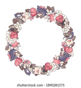 Bright beautiful wreath. The frame is decorative round. Valentine's Day elements.Unique design for greeting cards, banners, flyers. All objects are separated. Vector. Hand-drawn.