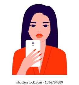 Bright beautiful young asian woman with mobile phone, front view. Photographing, reading, chatting. Smartphone and internet addiction. Vector flat illustration on white background