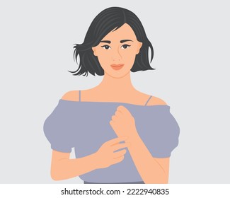 Bright and beautiful young woman cares about health care. Health care concept vector illustration.