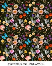  Bright bed linen print. Seamless multicolor natural pattern with little kittens playing among the flowers  and huge butterflies on black background in vector.