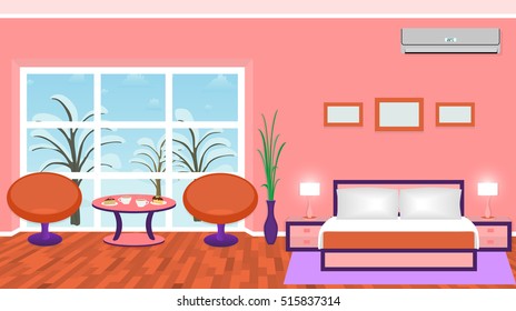 Bright bedroom interior with modern furniture and winter landscape outside the window. Flat vector illustration