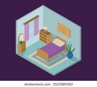 Un dormitorio luminoso en una isometría tridimensional. Ilustración vectorial del interior de la habitación. Interior moderno del dormitorio con muebles de estilo isométrico. Ilustración isométrica de Vector.