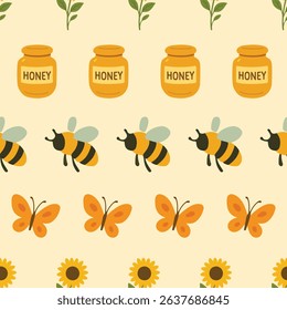 Bright Bee Butterfly Sunflower Honey Pattern