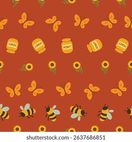 Bright Bee Butterfly Sunflower Honey Pattern