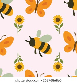 Bright Bee Butterfly Sunflower Honey Pattern