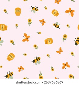 Bright Bee Butterfly Sunflower Honey Pattern