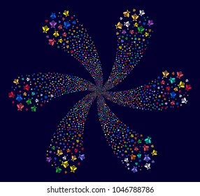 Bright Bee explosion fireworks on a dark background. Impressive spiral done from scattered bee objects.