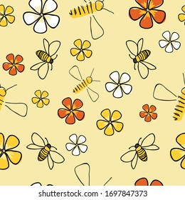 bright Bees seamless vector pattern on yellow background surface pattern design