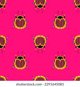 Bright beetles on the pink background. Seamless pattern with cartoon element