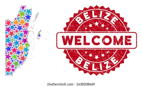 Bright Belize map mosaic of stars, and distress round red WELCOME seal. Abstract territory scheme in bright color hues. Vector Belize map is done of color stars. Designed for political,