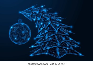 Bright bent Christmas tree. A hanging ball from the top of a tree. Low-poly design of interconnected lines and dots. Blue background.