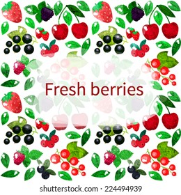 Bright berries background with hand-written text: fresh berries. Vector.