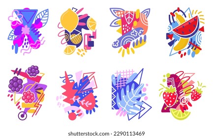 Bright berries, floral organic elements. Abstract vibrant modern collage with geometric shapes, lemons, strawberries and watermelon neoteric vector graphic