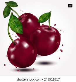 Bright berries ripe cherry with drops, isolated on white. Vector illustration.