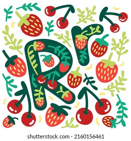 Cartel vectorial del alfabeto berry brillante con letra R en inglés. Pegatinas de dibujos animados de bayas de bosque, garabatos de kawaii, fresa, letras de cerezo para imprimir, textiles, tipografía, escuela, estudio, niños, decoración, 