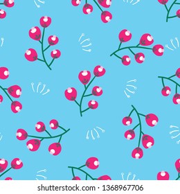 Bright berry flower fruit seamless pattern. Stylized retro floral all over print. Pretty modern 1950s feminine fashion style. Trendy scrapbooking paper, wallpaper, stationery backdrop. Blue, pink.