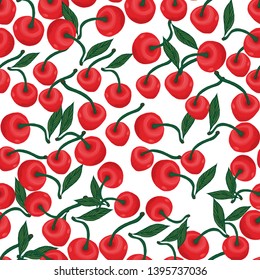 Bright, berry seamless pattern of red cherries with greens, leaf on a white background.