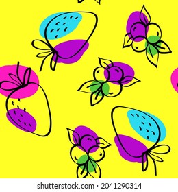 Bright Berry Vector Yellow Seamless Pattern. Summer Blueberry Print. Red and Yellow Strawberry Sketch Design.