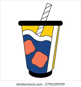 Bright beverage, iced drink, refreshing cooler, tall glass with straw, yellow blue and orange.