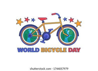 Bright bicycle as Eco transport day greeting illustration with text, our planet Earth and stylish cycle. June 3 event vector banner