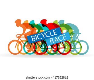 Bright bicycle race sign with group of cyclists, vector illustration