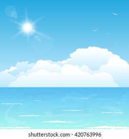 Bright and big puffy clouds lying on the blue sea.
