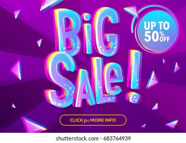 Bright Big Sale Banner with 3D Cartoon Style Text. Funny Discount Vector Poster. Special Offer Up To 50% Off. Comic Neon Candy Letters. Purple Background with Rays and Geometric Pattern.