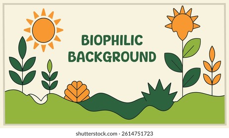 A bright biophilic vector background featuring abstract plants, sun, and hills in a flat and colorful design. Ideal for eco-friendly, nature, or wellness projects.
