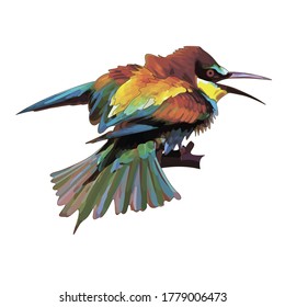 A bright bird bee-eater sits on a branch with an open beak.Vector illustration.