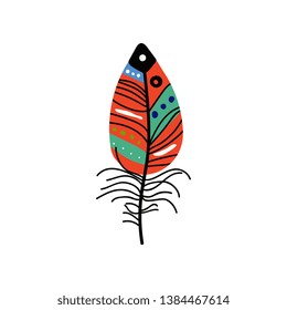 Bright Bird Feather with Colorful Patterns, Beautiful Decoration Element Vector Illustration