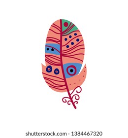 Bright Bird Feather with Patterns, Beautiful Decoration Element Vector Illustration