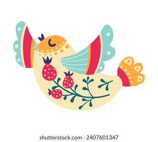 Bright Bird with Folk Ornament and Decor Vector Illustration