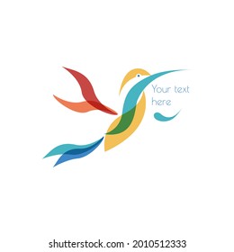 Bright bird hummingbird on a white background vector illustration. Rainbow little bird and place for text. Colored paper bird isolated on white background. Design logo element, emblem. Hummingbird in 