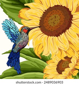 Bright bird and sunflowers.Vector illustration with a bright hummingbird and a bouquet of yellow sunflowers.