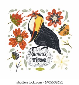 Bright bird Toucan with tropical flora and lettering quote. Vector illustration in Scandinavian style. Summer vibes card.